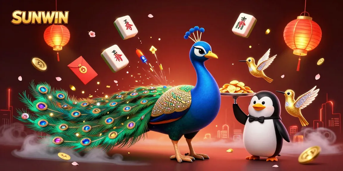 SUNWIN features an opulent peacock, butler penguin, and golden hummingbird amid a vibrant, festive casino scene.