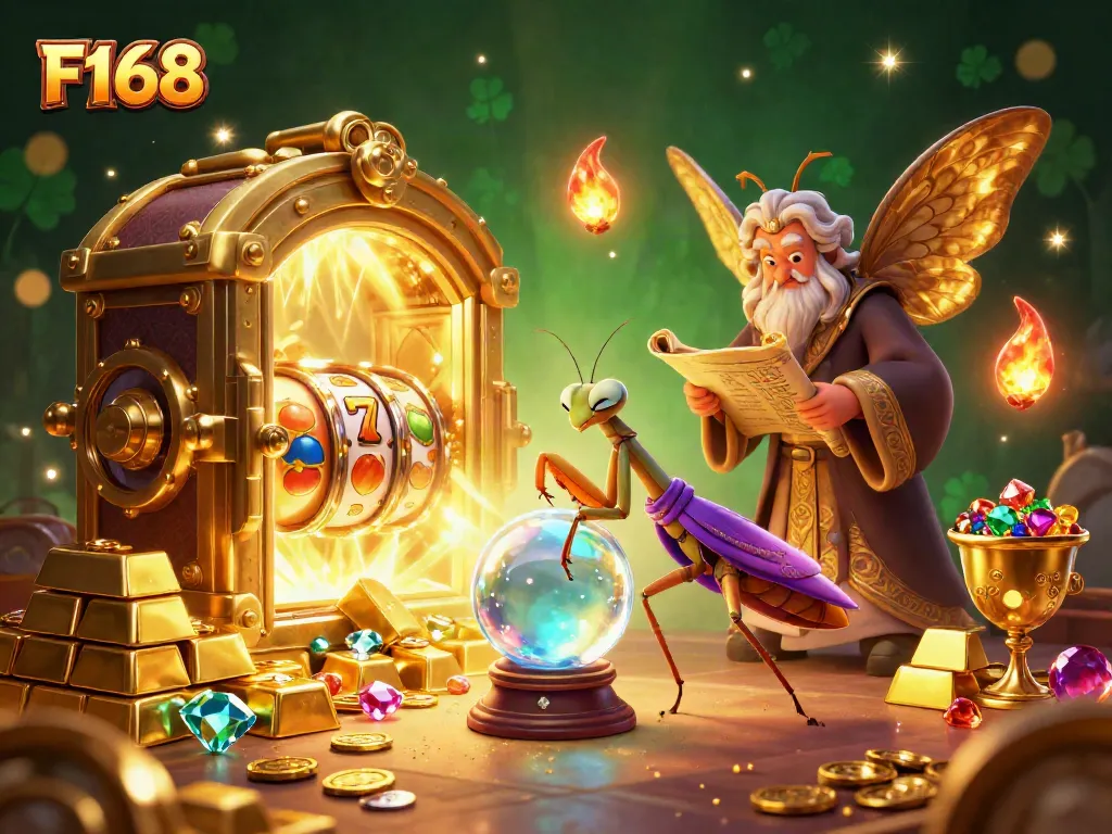 Experience the thrill of F168 gaming with vibrant slot reels and glittering treasures.