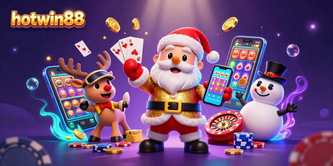 Engage with hotwin88's thrilling jackpot slots featuring Santa and friends in an exciting casino scene.