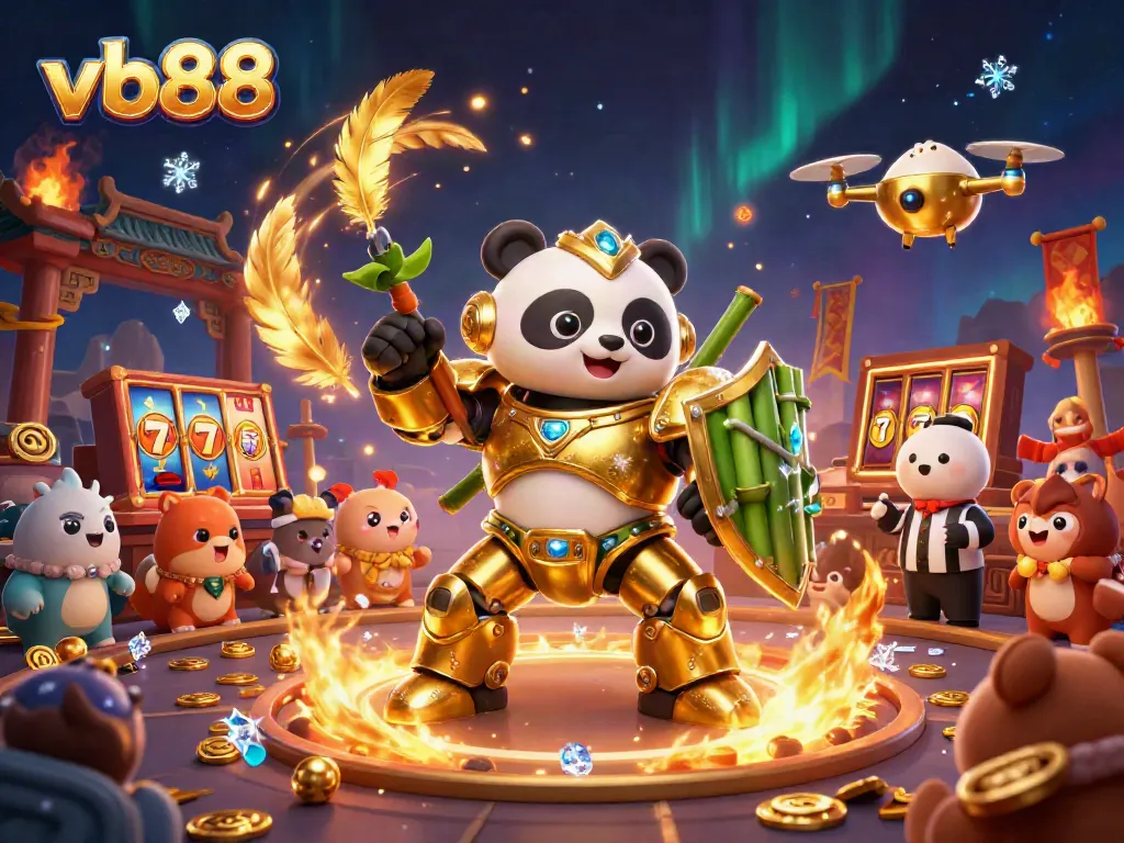 Engage in exciting gameplay at vb88 with a golden panda piloting a futuristic robot at a vibrant casino.
