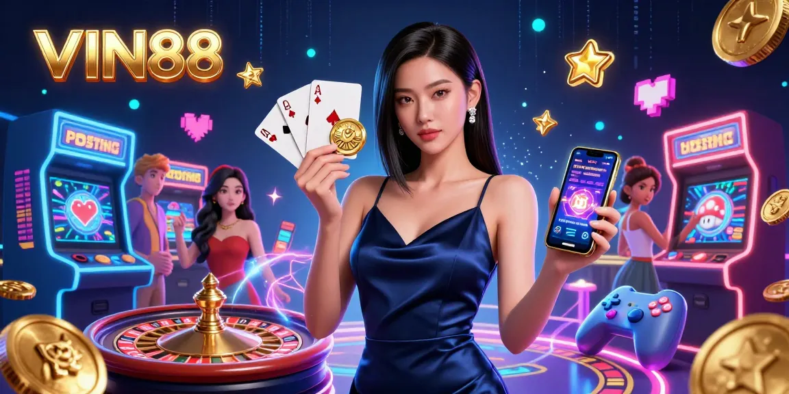 Engage with thrilling casino action at VIN88 featuring a confident woman and dynamic gaming elements.