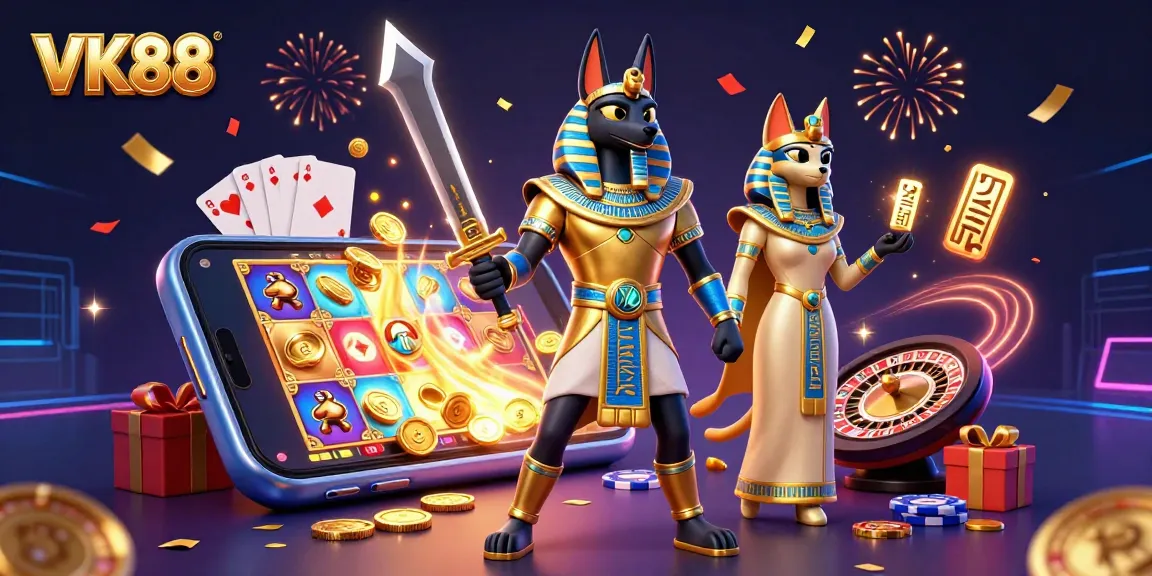 Experience thrilling gameplay with VK88 featuring ancient Egyptian characters and vibrant casino elements.