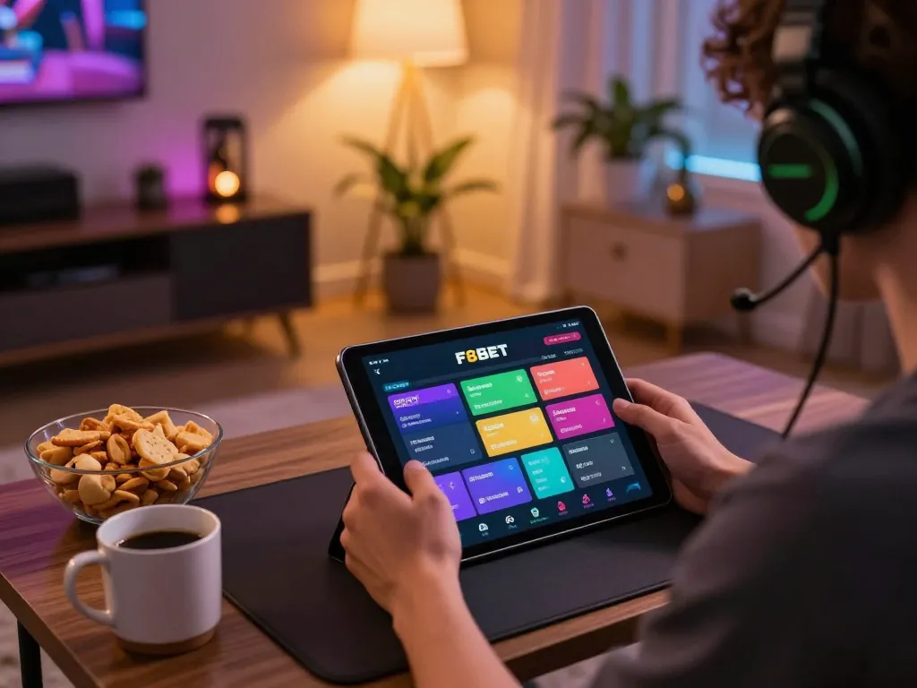 Player enjoying F8BET on tablet, showcasing mobile gaming atmosphere with engaging visuals.