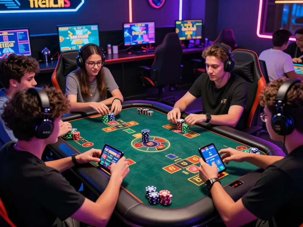 Players engaging in rikvip tài xỉu with vibrant screens and chips in a high-tech gaming lounge.