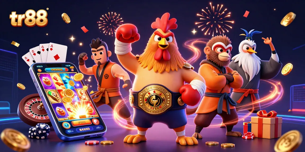 Watch the tr88 excitement with a dynamic scene of cartoon animals and slot games.