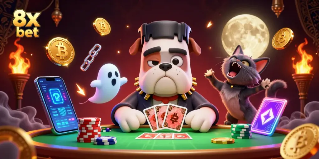Experience thrilling gameplay with 8x bet at this vibrant 3D casino scene featuring whimsical characters.