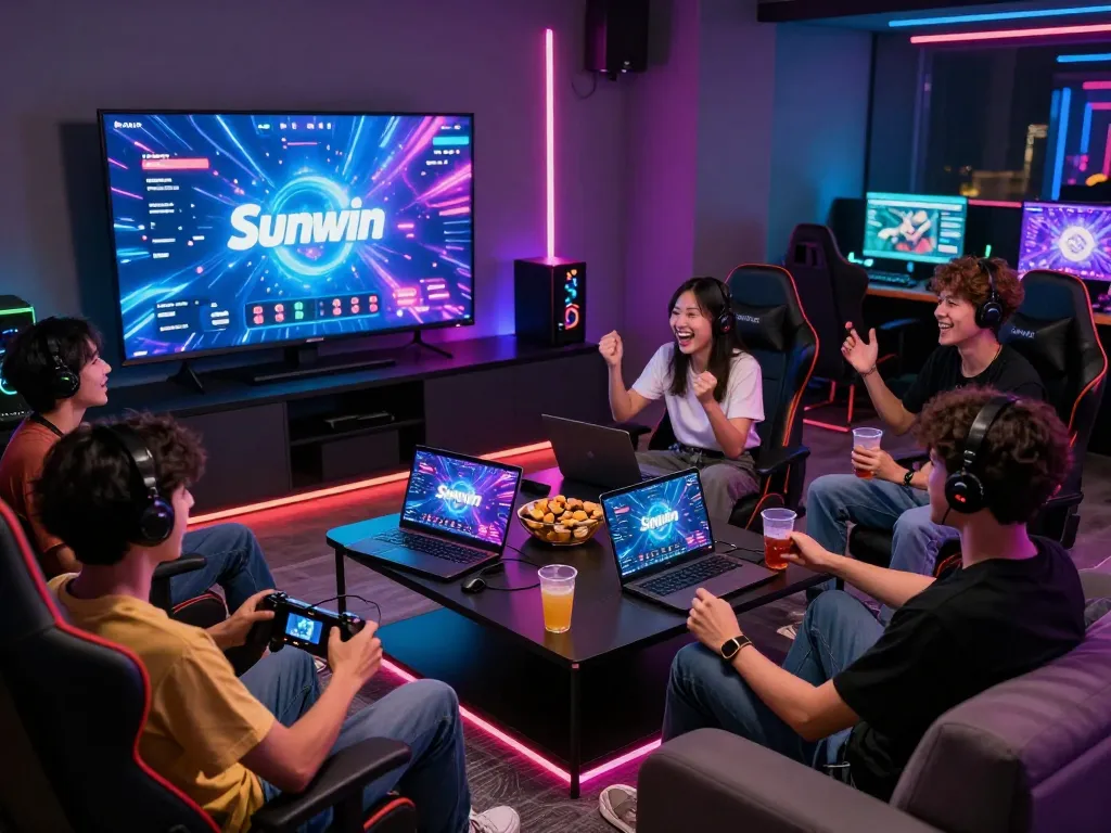 Tải Sunwin game scene with friends enjoying gaming in a vibrant lounge.