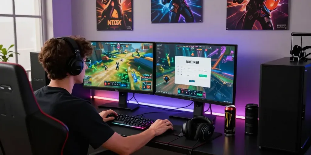 Engaged gamer at computer desk with rokok88 login interface, vibrant gaming setup.