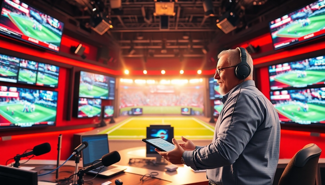 Engaging Sports Broadcasting studio featuring a commentator passionately analyzing live games with dynamic visuals.