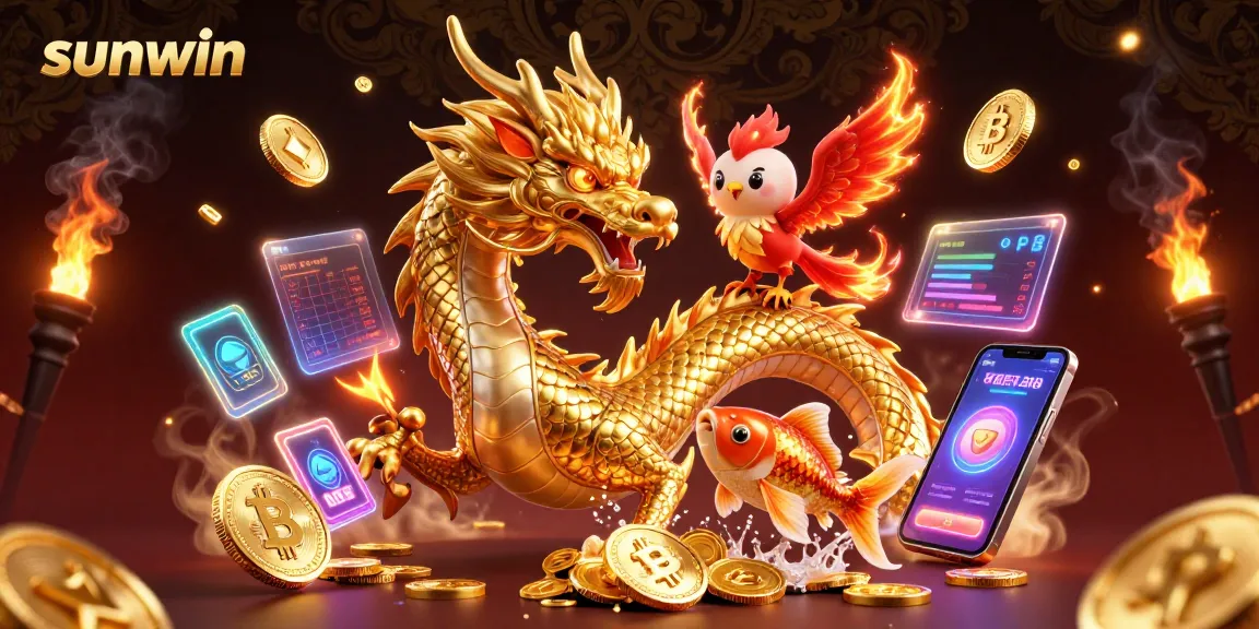 Experience exciting gameplay at sunwin with a fierce dragon and phoenix in a vibrant casino setting.