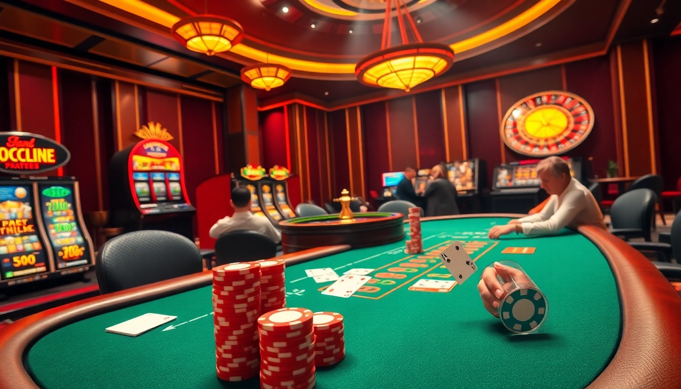 Players enjoying thrilling poker action at SC88COM casino, with vibrant slot machines and roulette wheel.