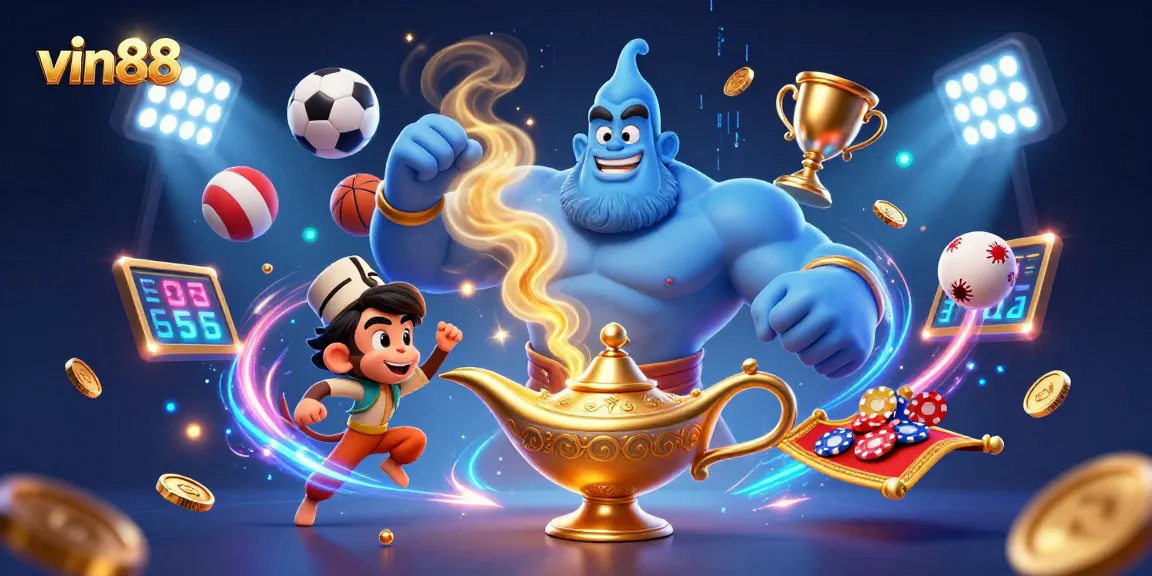 Win big with vin88 in this vibrant casino illustration featuring a genie, monkey, and poker chips amid dynamic sports elements.