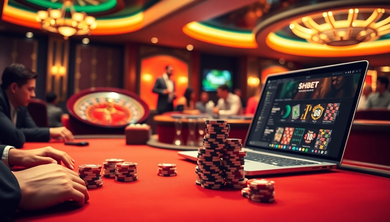 Exciting poker action at SHBET with vibrant casino elements and online gameplay.