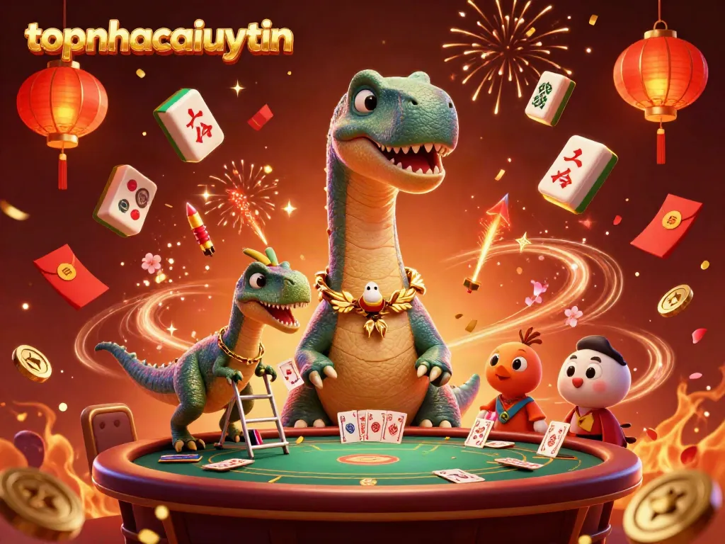 topnhacaiuytin showcases a vibrant 3D casino scene with a towering brontosaurus and a clever raptor dealer