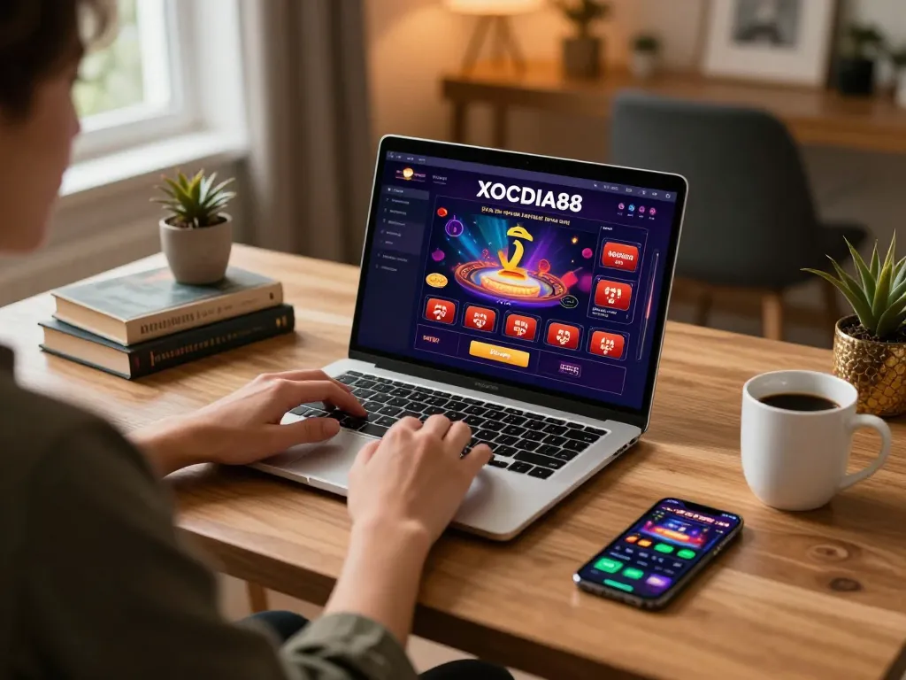 Player engaging with the XOCDIA88 gaming platform on a laptop in a cozy home setup.
