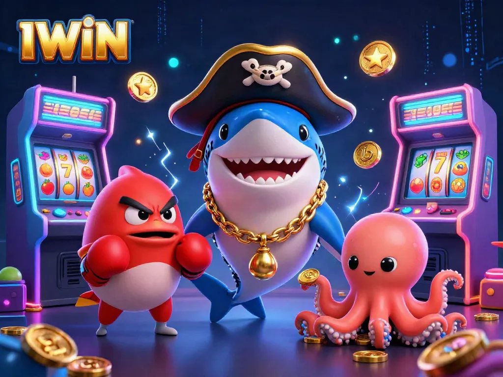 Engage with IWIN's vibrant 3D casino scene featuring arcade machines and exciting characters.