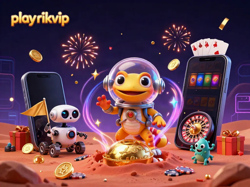 Play Rikvip with a jubilant 3D Martian gecko discovering a golden casino, featuring vibrant slot games and elements.