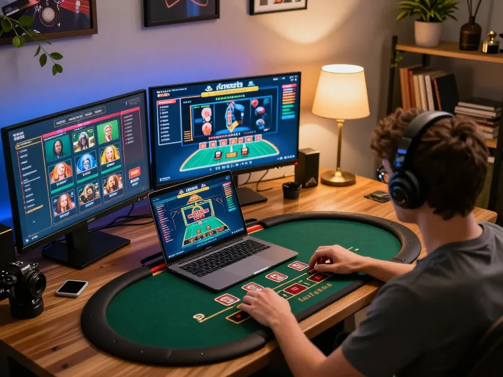 Engaging in live dealer blackjack on 33winvn with a laptop setup showcasing responsible gaming practices.