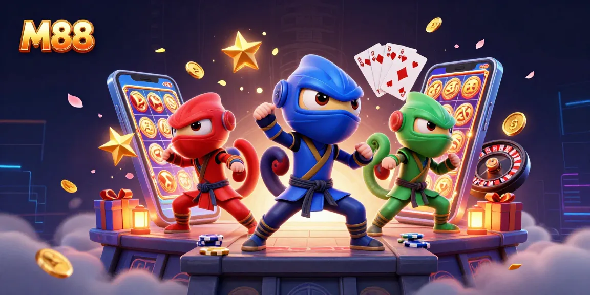 M88 offers thrilling casino experiences with cartoon ninja chameleons celebrating games surrounded by slot reels and poker chips.