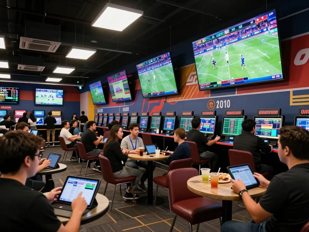 Dynamic sports lounge scene capturing the thrill of tỷ lệ kèo trực tuyến betting, with fans engaging on devices.