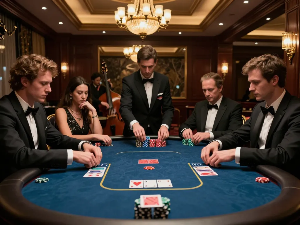 Players engaged in a high-stakes poker game at an elegant casino table showcasing sin88's premium gaming experiences.