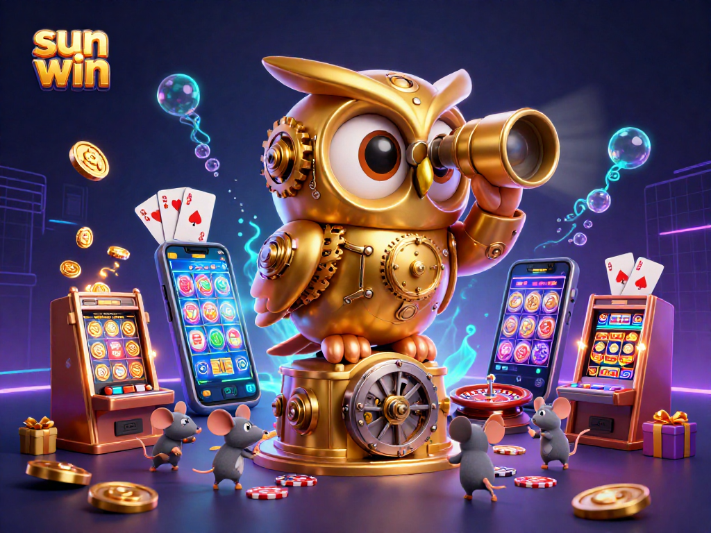 Experience thrilling gameplay with sun win's vibrant casino scene featuring a golden owl, slot machines, and dynamic effects.