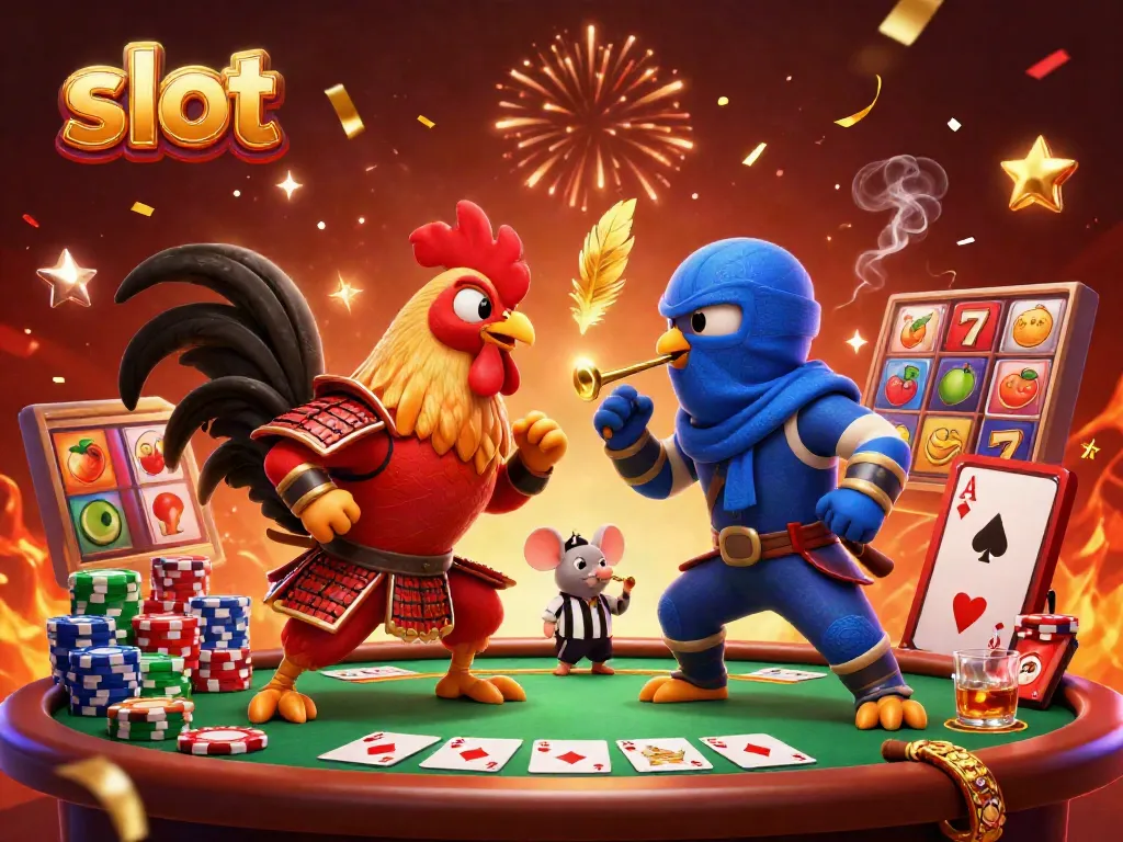 Experience the exciting slot battle as cartoon roosters in armor clash over jackpot reels