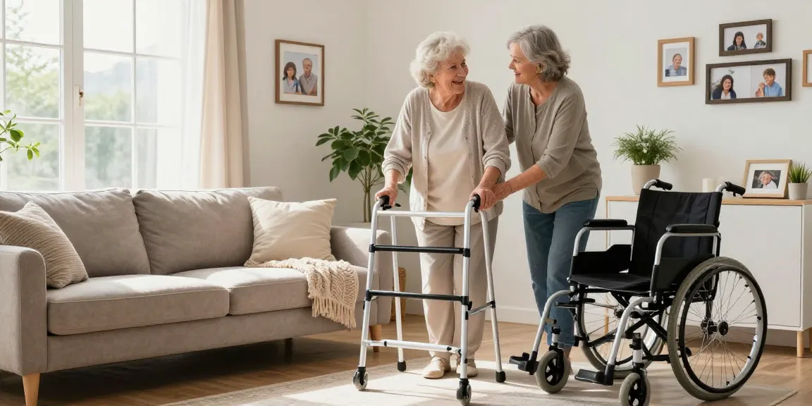 Buy nobility aids showcased in a warm living room scene with an elderly woman confidently using a walker.