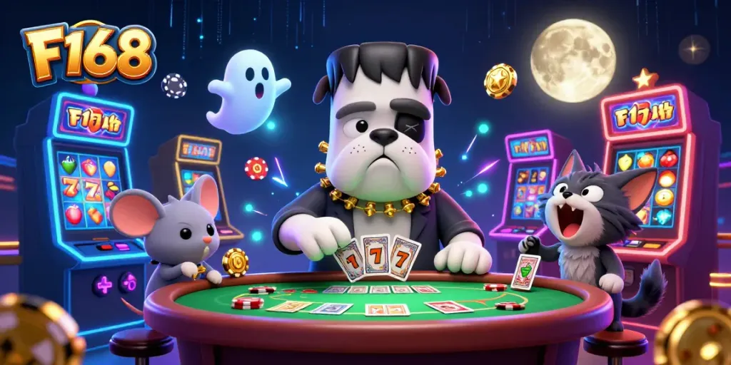 Experience F168's thrilling casino action with the Frankenstein bulldog dealer, captivating enthusiasts