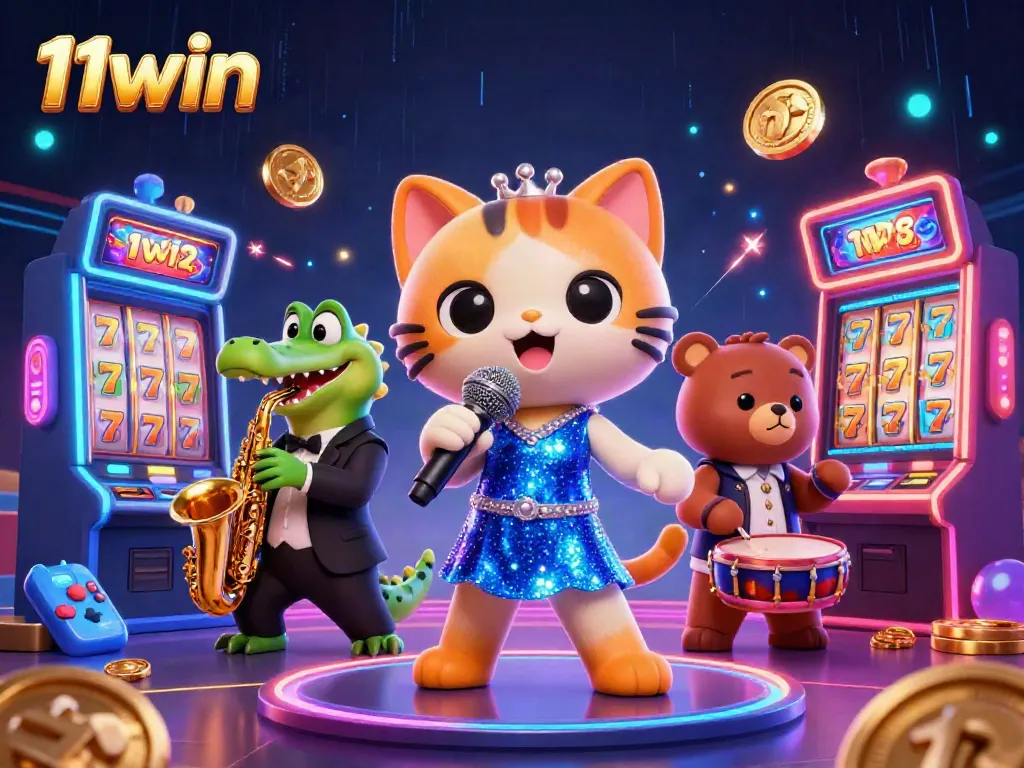 Experience exciting gaming at 11win with a vibrant jazz-singer cat and colorful casino game elements.