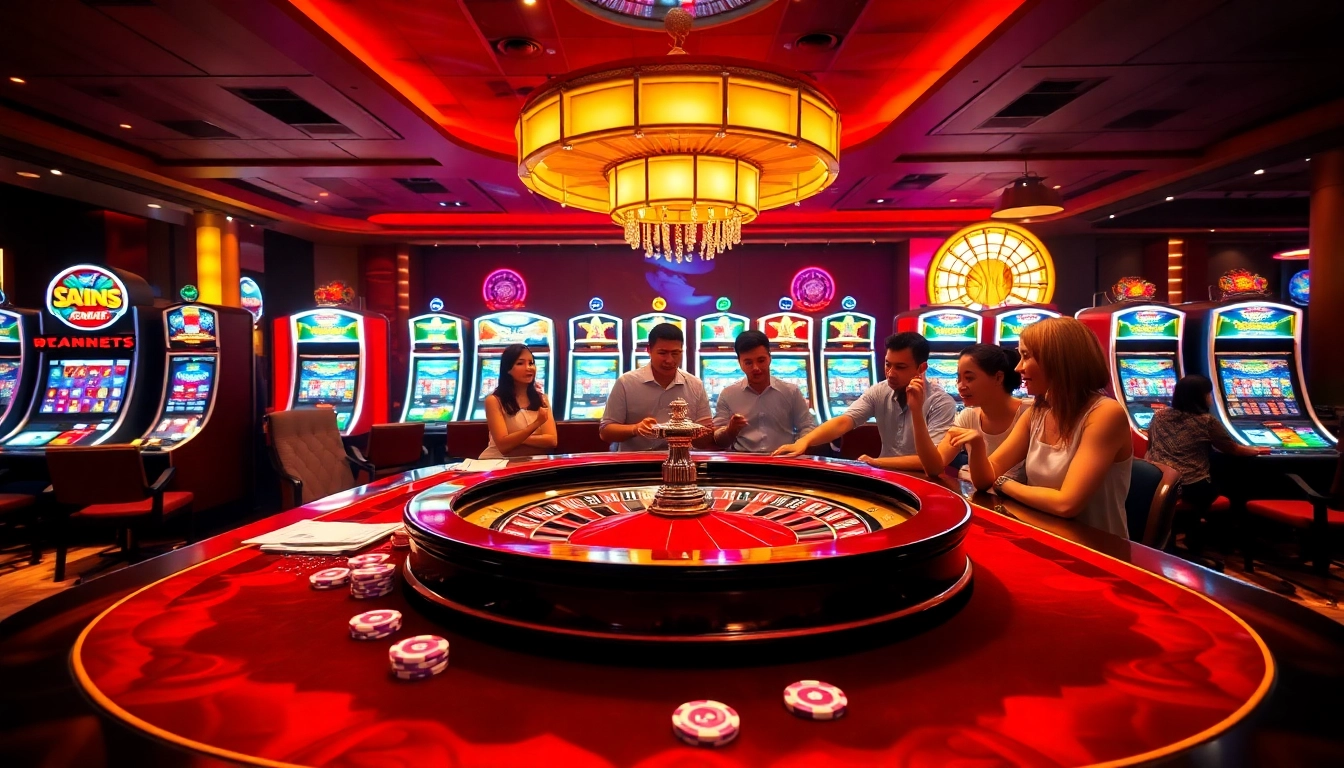 Naga99 players celebrating a big win at a luxurious casino table with vibrant gaming elements.