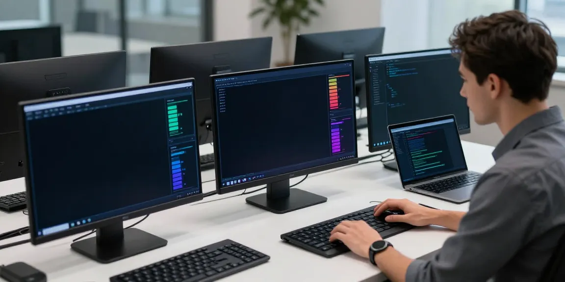 Adversarial simulation workspace with cybersecurity specialist analyzing real-time data against attacks.