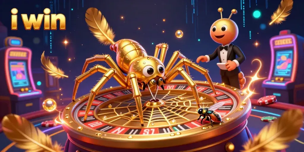 Experience i win excitement with a 3D casino scene featuring a golden spider and spinning roulette wheel.