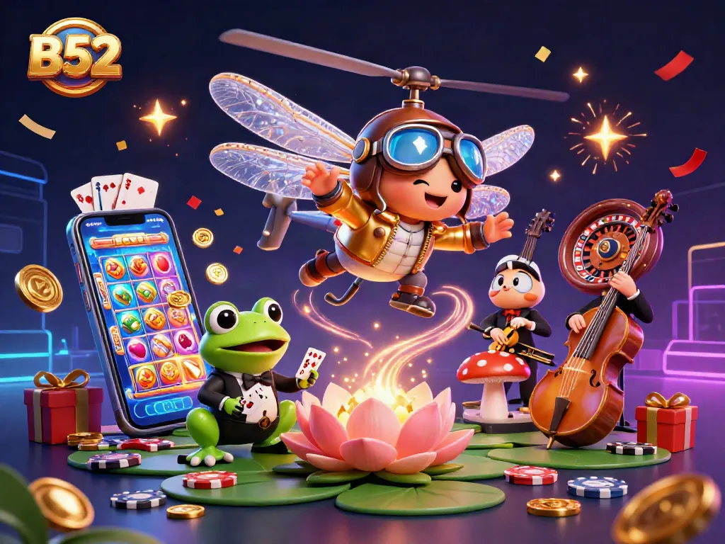 Experience thrilling B52 gaming action as a dragonfly pilot and frog croupier create an exciting casino atmosphere.