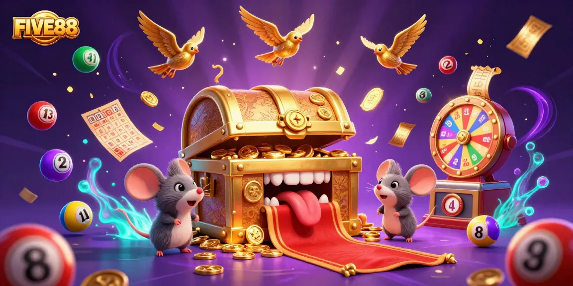 Engage in FIVE88's dynamic gambling scene with vibrant lottery balls and treasure chest characters.