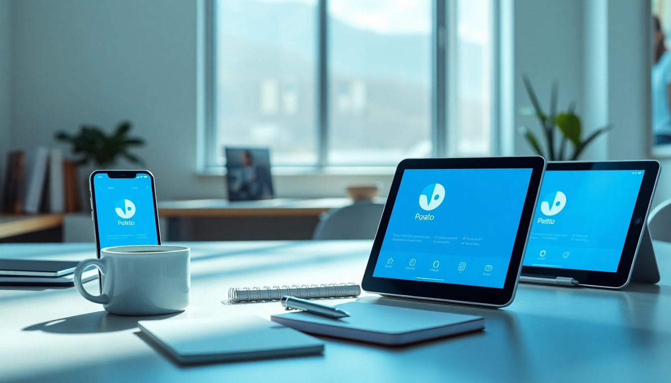 Potato app interface on devices, showcasing secure messaging in a modern workspace.