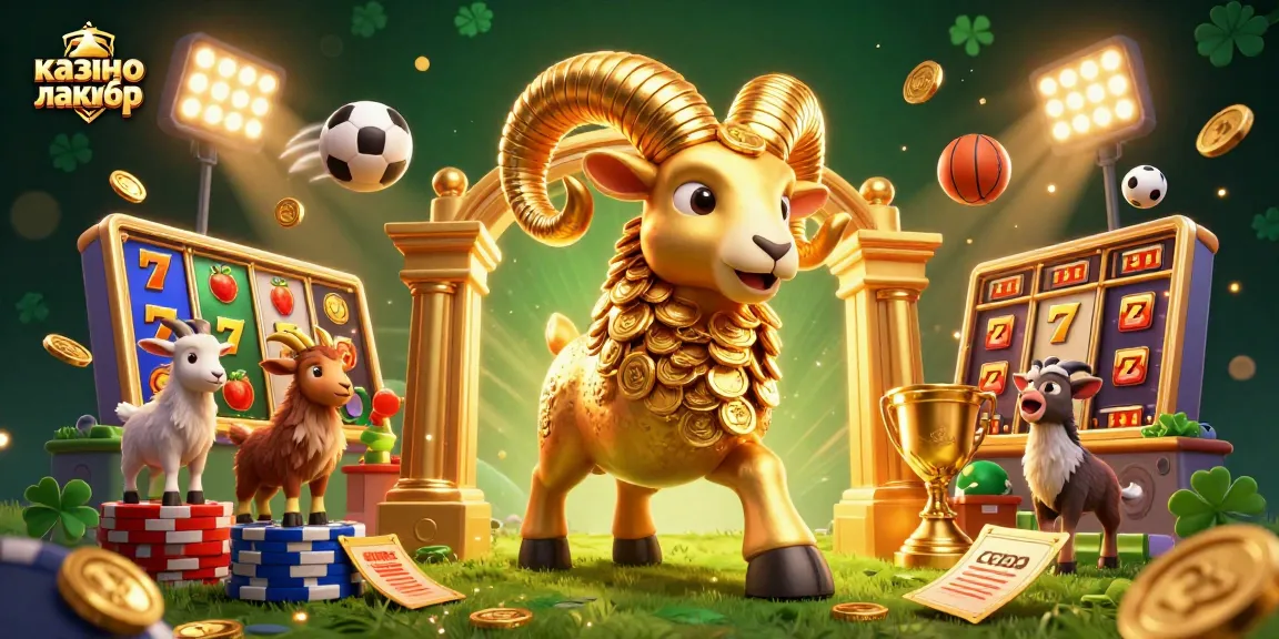 казино лакибир showcases dynamic 3D illustration of a golden ram and colorful slot elements in a vibrant scene.