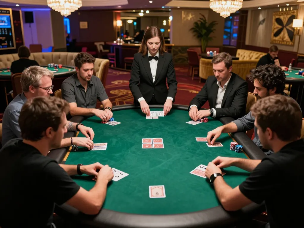 Players engage in strategic poker gameplay at a debet casino table, capturing the thrilling atmosphere.