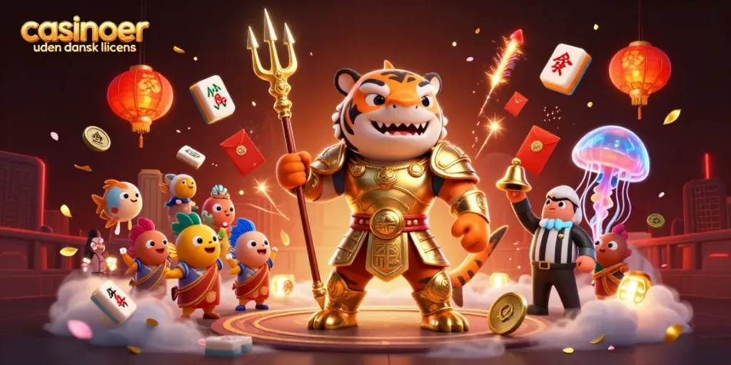 Win big at casinoer uden dansk licens with a tiger shark in gladiator armor surrounded by vibrant gaming elements.