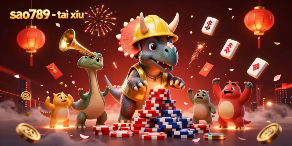 Engage with sao789 - tài xỉu in an entrancing 3D casino scene, featuring a triceratops and celebrations.