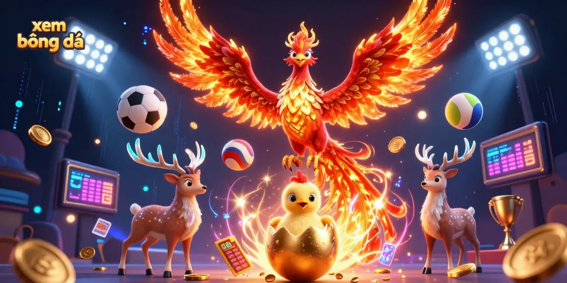 Xem bóng đá with dynamic sports theme featuring a phoenix and a stag amidst sports balls and glowing effects