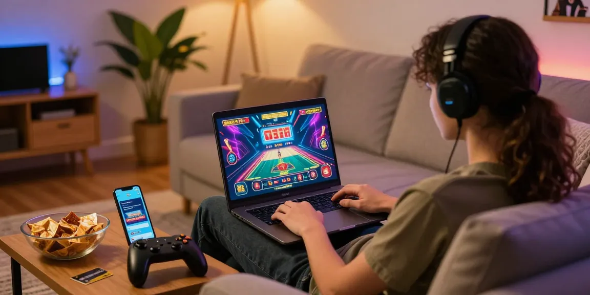 Enjoying a gaming session at home with online casinos that accept credit cards on laptop and engaging visuals.