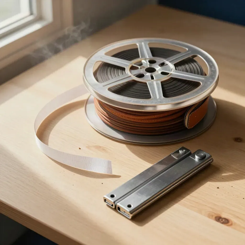 Top-down still life of a hoops tape reel, leather seam and metal counters on pale wood.