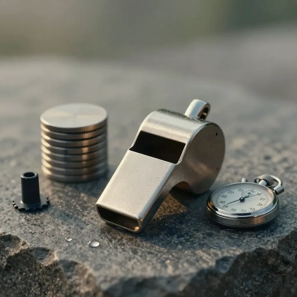 Macro hero of whistle, pegs, roster chips, bracket case and stopwatch on damp graphite stone.