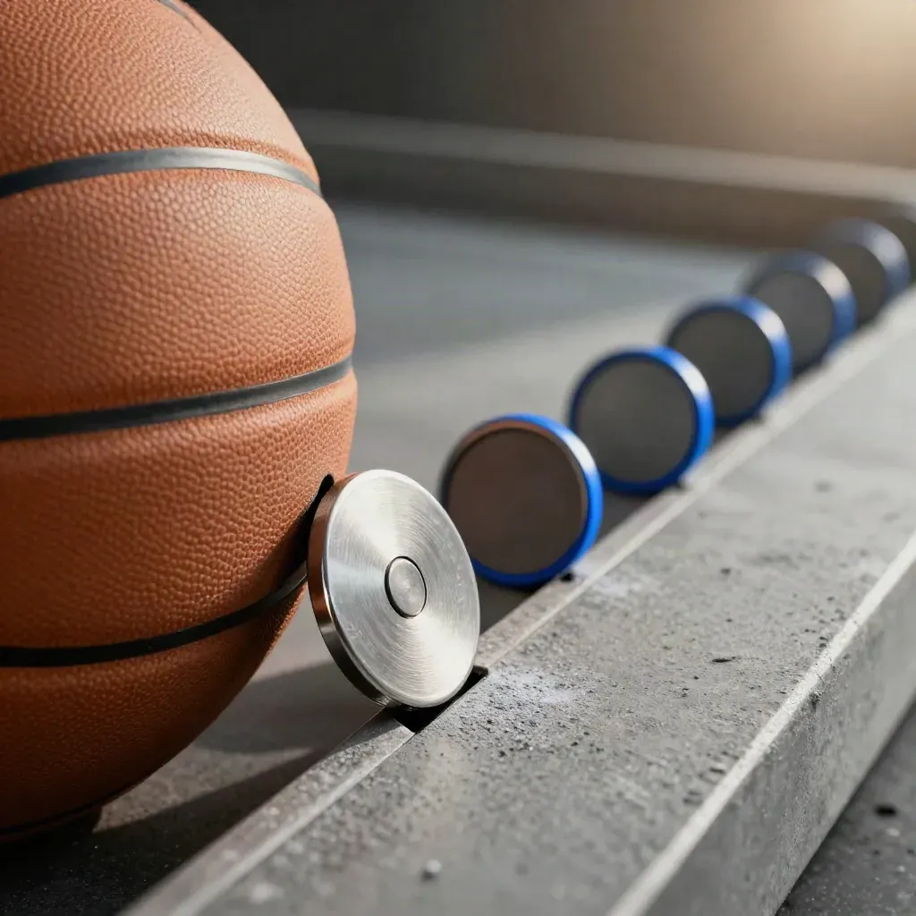 Macro of a basketball panel, score token, and court markers on concrete with blue accents.