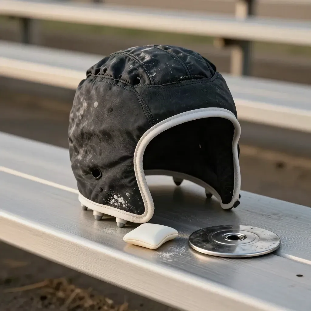 Rugby scrum cap, taped studs, gumshield case and timing disc on brushed steel in stadium dust.