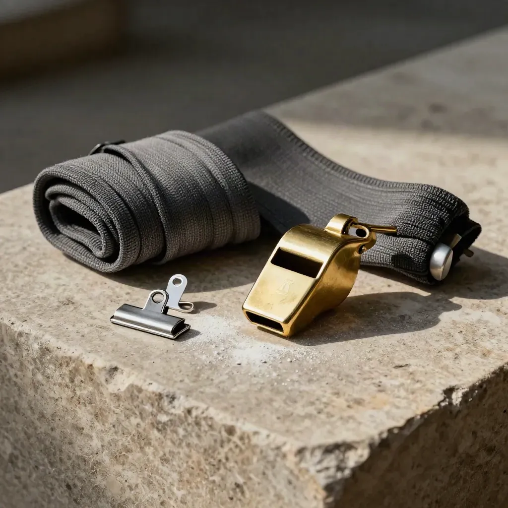 Football club ops still life with whistle, armband, boot studs and clips on pale stone.