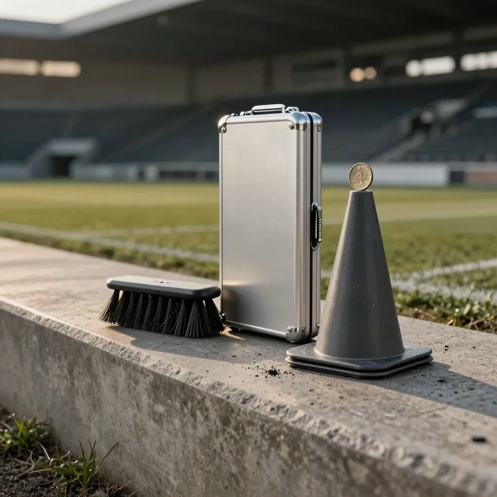 AFC touchline kit with coin, brush, cones and aluminium case on a concrete dugout ledge.