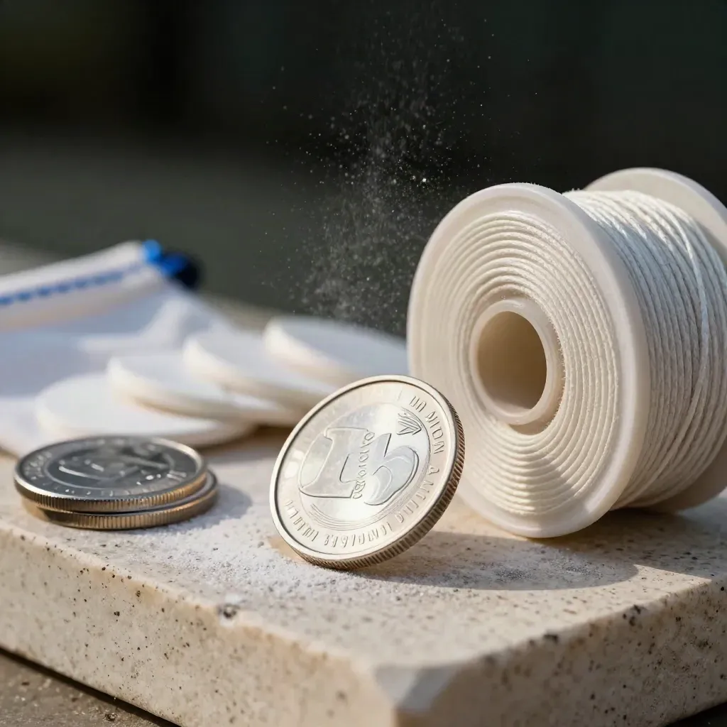 Macro tennis tools on travertine: coin, powder pouch, marker discs and taut string reel.