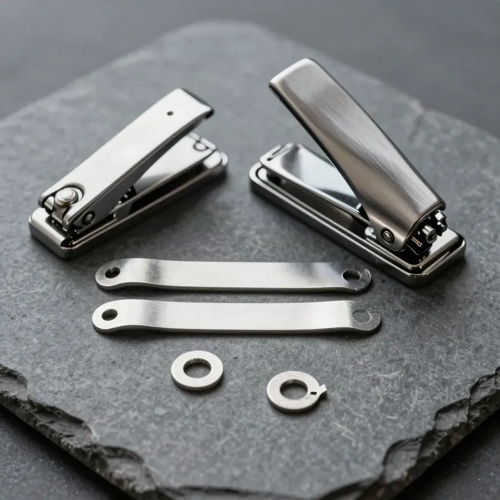 Overhead macro of blank player ID bands, a metal punch and alignment washers on brushed stone.